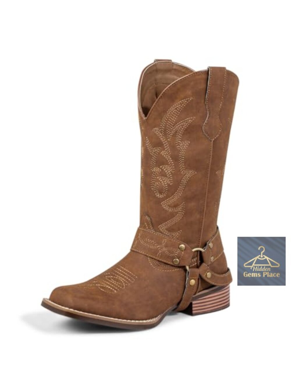 Wide Calf Square Toe Cowgirl Boots Faux Leather Embroidered Western Boots